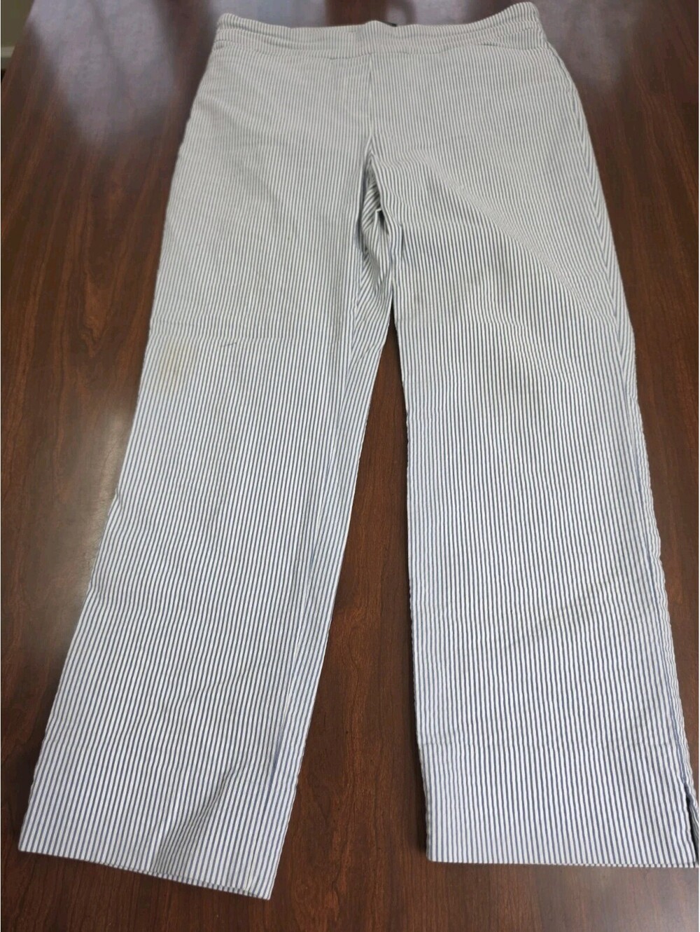 Hilary Radley Medium Blue White Striped Seersucker Pants Pull On Casual Chic
